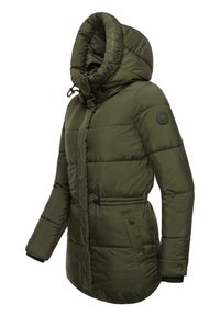 Veste d'hiver matelassée vert foncé avec capuche, fermeture éclair et boutons, poches latérales et cordon de serrage à la taille ajustable.