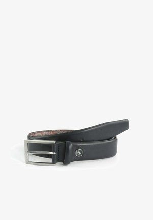 Schwarzer Ledergürtel mit einer silbernen rechteckigen Schnalle und gemustertem Innenfutter. Glatte Textur, gerades Design, verstellbare Passform.