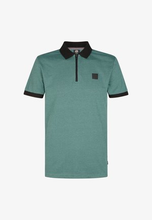 Kurzärmeliges Polohemd in Türkis mit strukturiertem Muster, schwarzem Kragen und Bündchen, Reißverschluss und einem kleinen schwarzen Logo-Patch.