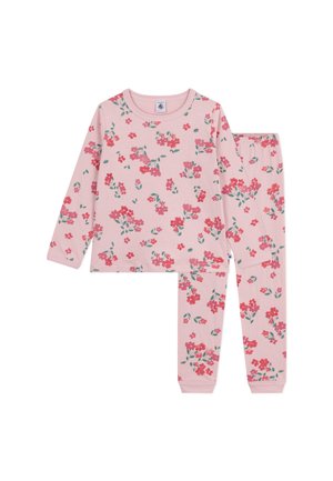 Rosa Blumenschlafanzug aus weichem Baumwollstoff. Langärmliges Oberteil mit Rundhalsausschnitt, kombiniert mit Hose mit elastischem Bund, die ein ähnliches Blumenmuster aufweist.