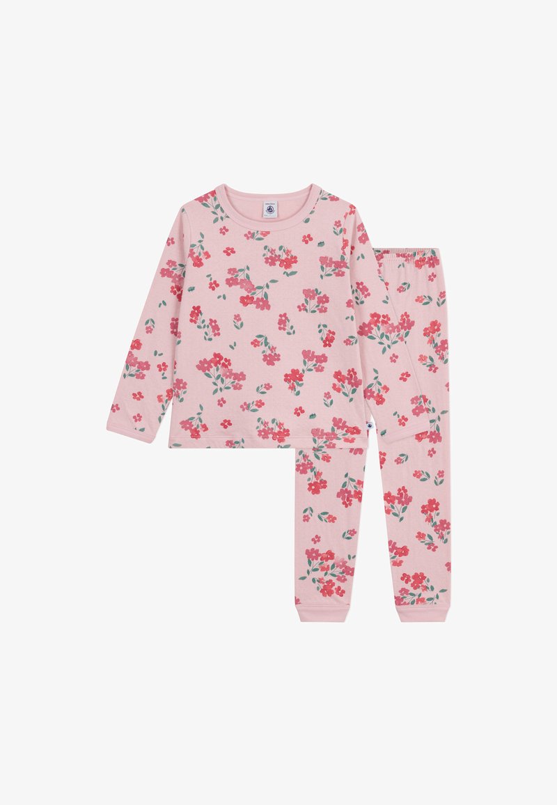 Set di pigiama floreale rosa realizzato in morbido cotone. Maglia a maniche lunghe con scollatura rotonda, abbinata a pantaloni con vita elastica che presentano un motivo floreale simile.