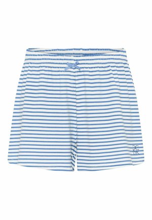 Men's swim shorts featuring a blue and white horizontal striped pattern, elastic waistband with a bow detail, and side slits.