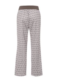 Pantalons à motifs avec un imprimé géométrique marron clair, dotés d'une large ceinture élastique. Le tissu est lisse avec une texture légèrement extensible.