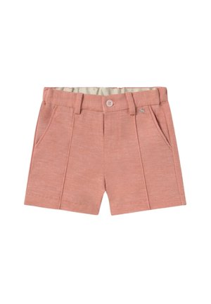 Pantaloni corti rosa chiaro realizzati in tessuto testurizzato. Presentano due tasche frontali, una chiusura con bottone e una vita ripiegata. Design a taglio dritto.