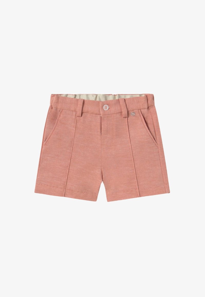 Pantaloni corti rosa chiaro realizzati in tessuto testurizzato. Presentano due tasche frontali, una chiusura con bottone e una vita ripiegata. Design a taglio dritto.