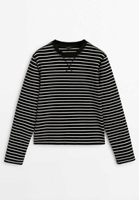 Maglione a strisce bianche e nere, cropped, con maniche lunghe, colletto a coste e dettagli decorativi a punto X sul davanti. Tessuto morbido.