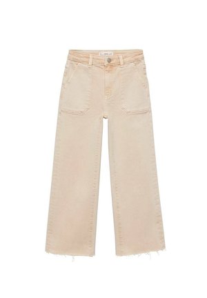 Jean large beige avec un ourlet effiloché, en denim robuste, cinq poches, et une fermeture classique à bouton et zip à l'avant.