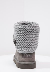 Bota UGG de punto gris con detalle de botón, sección inferior de ante y suela de goma, vista desde atrás sobre una superficie blanca.