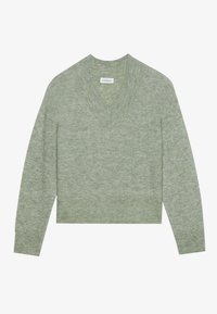 Pull vert court avec un décolleté en V et des poignets et un ourlet côtelés. Fabriqué à partir d'un matériau tricoté doux et texturé.
