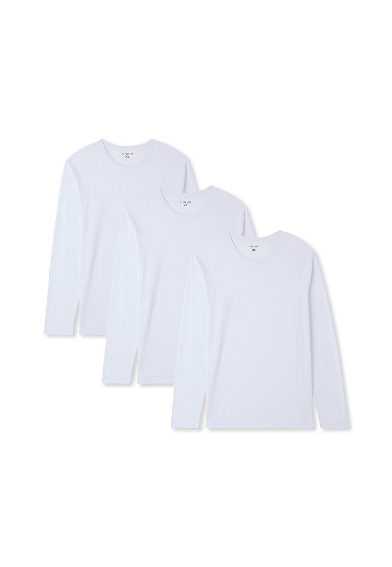 T-shirt bianche a maniche lunghe in confezione da tre. Realizzate in cotone, presentano un collo tondo e un taglio dritto, senza motivi né dettagli decorativi.