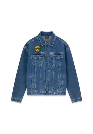 Giacca di jeans blu con chiusura a bottoni, due tasche sul petto, tasche laterali e una toppa circolare gialla "BVB 09" sul petto sinistro.