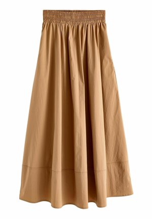 Jupe midi marron clair avec taille élastique froncée et large détail sur l'ourlet, confectionnée en tissu lisse légèrement structuré.