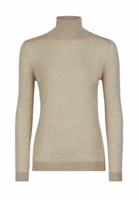 Beżowy sweter z golfem, z długimi rękawami, wykonany z lekkiej dzianiny, z prążkowanym dołem i subtelną fakturą.