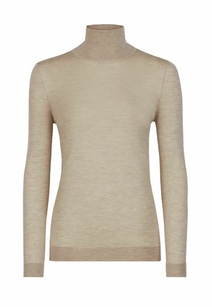 Beige polotröja med långa ärmar, tillverkad av lättstickad material, med ribbat avslut och subtil textur.