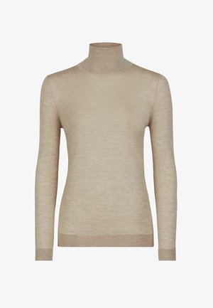 Beige turtleneck sweater med lange ærmer, lavet af let strikket materiale, med ribbet kant og subtil tekstur.