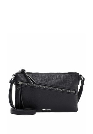 Schwarze Leder-Umhängetasche mit verstellbarem Riemen, diagonaler Reißverschlusstasche vorne sowie silberfarbenen Reißverschlussanhängern und Logodetail.