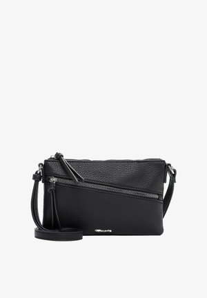 Schwarze Leder-Umhängetasche mit verstellbarem Riemen, diagonaler Reißverschlusstasche vorne sowie silberfarbenen Reißverschlussanhängern und Logodetail.