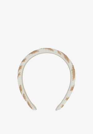 Fascia per capelli decorata con perline, caratterizzata da una base liscia bianca con accenti marroni e beige. La texture è abbellita con piccole perline lucide.