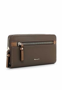 Brown faux leather wallet with a zip closure, featuring a contrasting brown stripe, silver hardware, and a logo on the front.