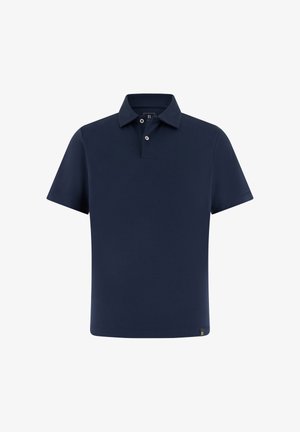 Marineblauw polohemd met korte mouwen, twee witte knopen en een klein logolabel aan de onderzoom aan de rechterkant.
