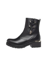 Black leather ankle boot with a low block heel, featuring decorative lace and metallic accents. Smooth texture and pointed toe design.
