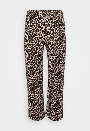 Leopard print pants in beige and black. Made of smooth fabric, with a straight leg design and wide waistband. No visible fasteners.