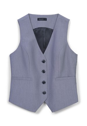 Gilet grigio con tessuto testurizzato, design aderente, scollatura a V accentuata, sei bottoni neri e due tasche frontali. Interno foderato in tessuto nero.