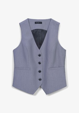 Gilet grigio con tessuto testurizzato, design aderente, scollatura a V accentuata, sei bottoni neri e due tasche frontali. Interno foderato in tessuto nero.