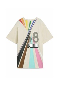 T-shirt in cotone beige con un grande design grafico colorato, numero "48" e logo "PUMA" in grassetto nero. Maniche corte, vestibilità comoda.