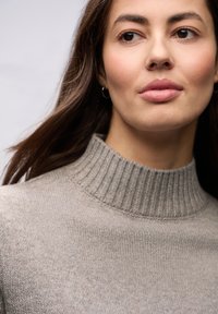 Maglione a collo alto grigio chiaro a costine, realizzato in morbido tessuto a maglia. Presenta un collo alto e una texture liscia.