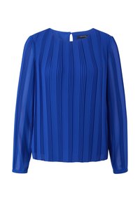 Blouse bleu roi à manches longues avec texture à rayures verticales et encolure ronde avec petite fermeture à bouton au dos.