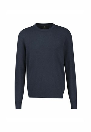 Mørk marineblå langærmet rundhalset sweater med ribstrikkede manchetter og kant, vist på en hvid baggrund.