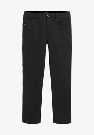 Fekete farmernadrág klasszikus egyenes szárú dizájnnal, elülső zsebekkel és egy gombos záródással a deréknál. Sima textúra.