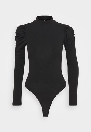 Body noir à manches longues avec col montant, silhouette ajustée et épaules bouffantes froncées, présenté sur un fond uni.