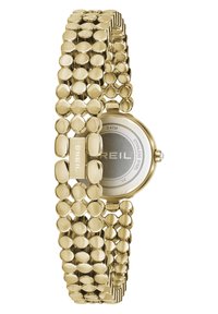 Guldfarvet rustfrit stålur med et mønstret, forlænget armbåndsdesign og poleret rund urkasse. Har en sølvfarvet urskive og mærket bagside.