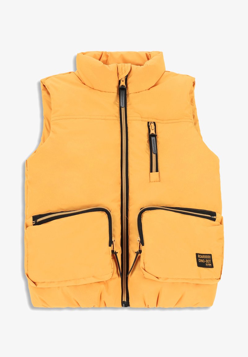 Żółta kamizelka puchowa z wysokim kołnierzem, dwoma przednimi kieszeniami na zamek błyskawiczny i małą czarną metką. Zamki są czarne, a materiał ma gładką fakturę.