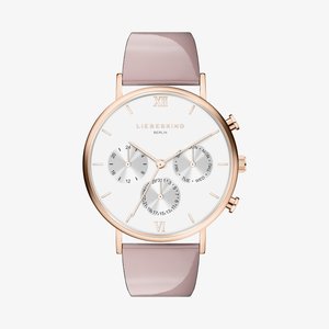 Rose gold ur med hvid urskive, tre undermålere og lyserød, blank læderrem. Har store tal og elegante visere.