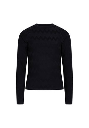 Sort langærmet sweater med et struktureret zigzag-mønster, rund halsudskæring og tætsiddende design, lavet af et let stof.