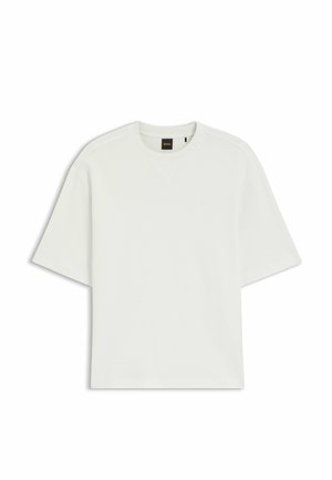 Plain white short-sleeve crewneck T-shirt with a small black tag labeled "BOSS" on the inside collar.
