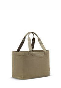 Bolsa tote rectangular de tela beige con dos juegos de asas y un bolsillo frontal, de pie sobre un fondo blanco.