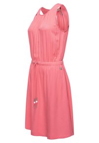 Ärmelloses pinkes Kleid aus weichem Stoff, mit gerafftem Oberteil, Kordelzugbund mit Perlenakzenten und knielanger Rocklänge.