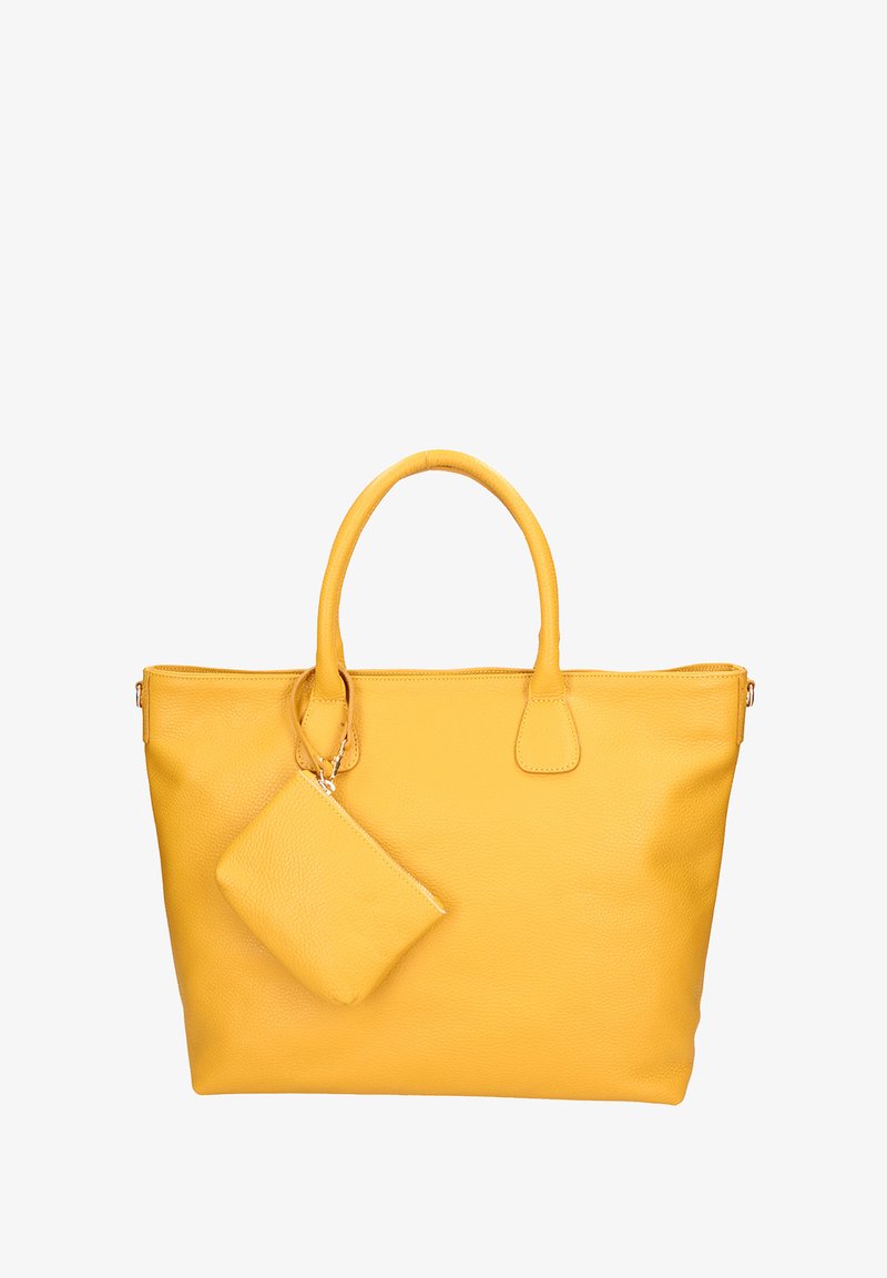 Geel leren tote bag met twee handgrepen en een afneembare bijpassende ritszak. Textuurafwerking en strakke, gestructureerde vorm.