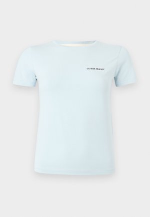 Light blue short-sleeve T-shirt made of cotton with a crew neck and small black "GUESS JEANS" logo on the left chest.