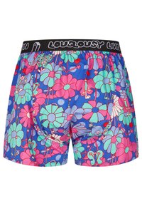 Men's boxers with a black waistband featuring "LOUSLOUSY LUVIN." Colorful floral pattern in pink, green, and blue on a dark blue background.