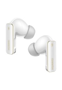 Weiße drahtlose Ohrhörer mit glanzfarbener Oberfläche, einem rechteckigen Gehäuse mit goldenen Akzenten und weichen Silikon-Ohrstöpseln für ein komfortables Tragegefühl.