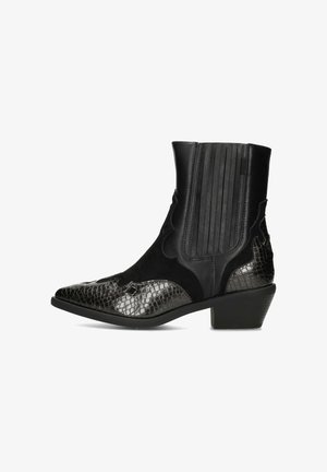 Black ankle boot featuring a mix of suede and glossy snakeskin texture, pointed toe, flared heel, and vertical ribbing on the back panel.