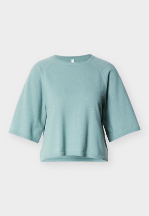 Light green, short-sleeve pullover sweater made of soft fabric. Features a round neckline and ribbed edges for a relaxed fit.
