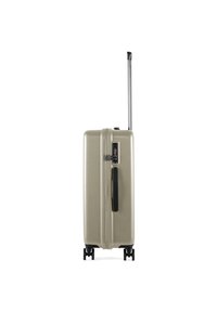 Harde koffer in metallic beige, met een uitschuifbare handgreep, een combinatieslot en vier zwarte wielen voor mobiliteit.
