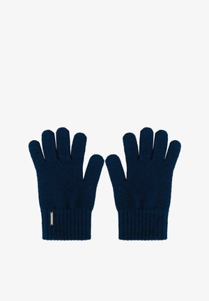 Navy blue knit gloves with five fingers, ribbed cuff, soft texture, featuring a small metallic tag on the wrist area.