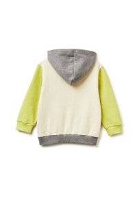 Felpa con cappuccio caratterizzata da un corpo crema, maniche verde lime e cappuccio grigio. Polsini e orlo a costine con una texture liscia.